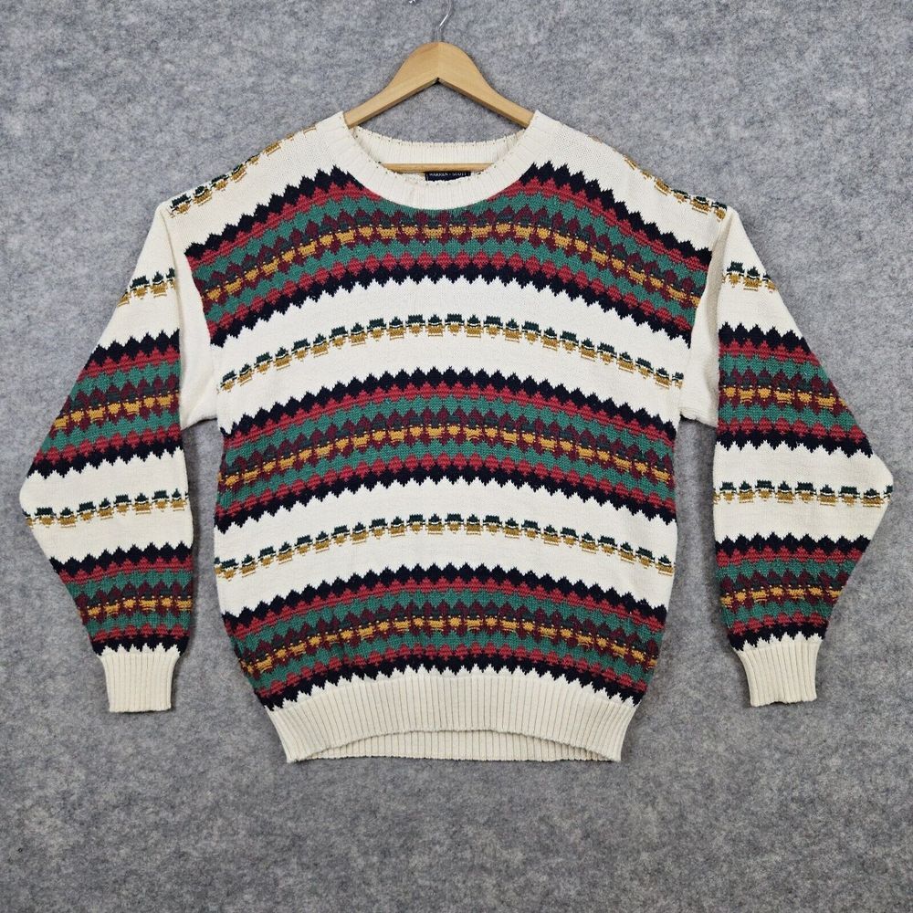 Warren Scott Pullover Knit Sweater Size L 100% Cotton‎ Colorful Geometric SPOTS